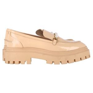 Stuart Weitzman Perla Embellished Platform Loafers in Beige Patent Leather